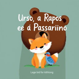 Create a book cover titled 'O Urso, a Raposa e o Passarinho' featuring a large brown bear with gentle eyes, a golden-furred fox, and a small blue bird