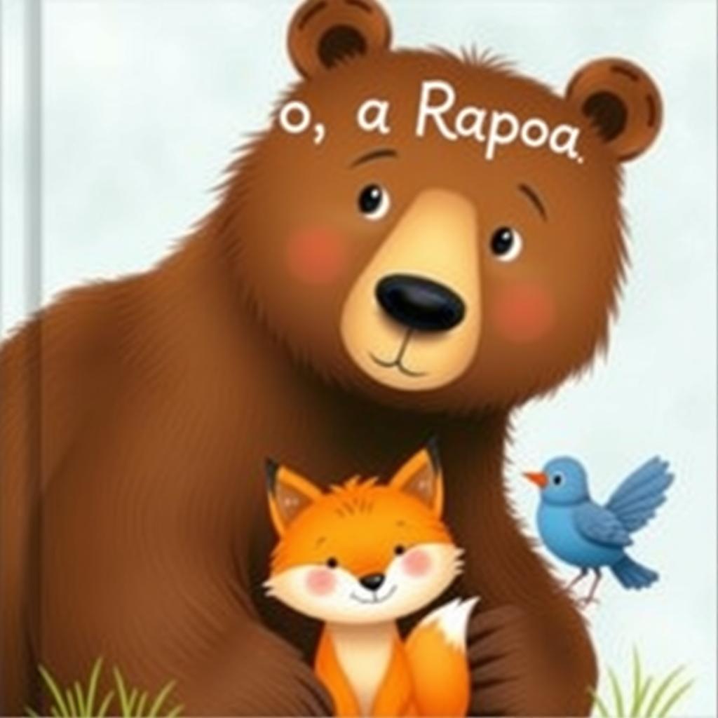 Create a book cover titled 'O Urso, a Raposa e o Passarinho' featuring a large brown bear with gentle eyes, a golden-furred fox, and a small blue bird