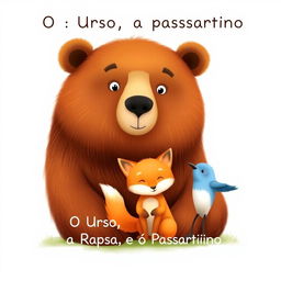 Create a book cover titled 'O Urso, a Raposa e o Passarinho' featuring a large brown bear with gentle eyes, a golden-furred fox, and a small blue bird