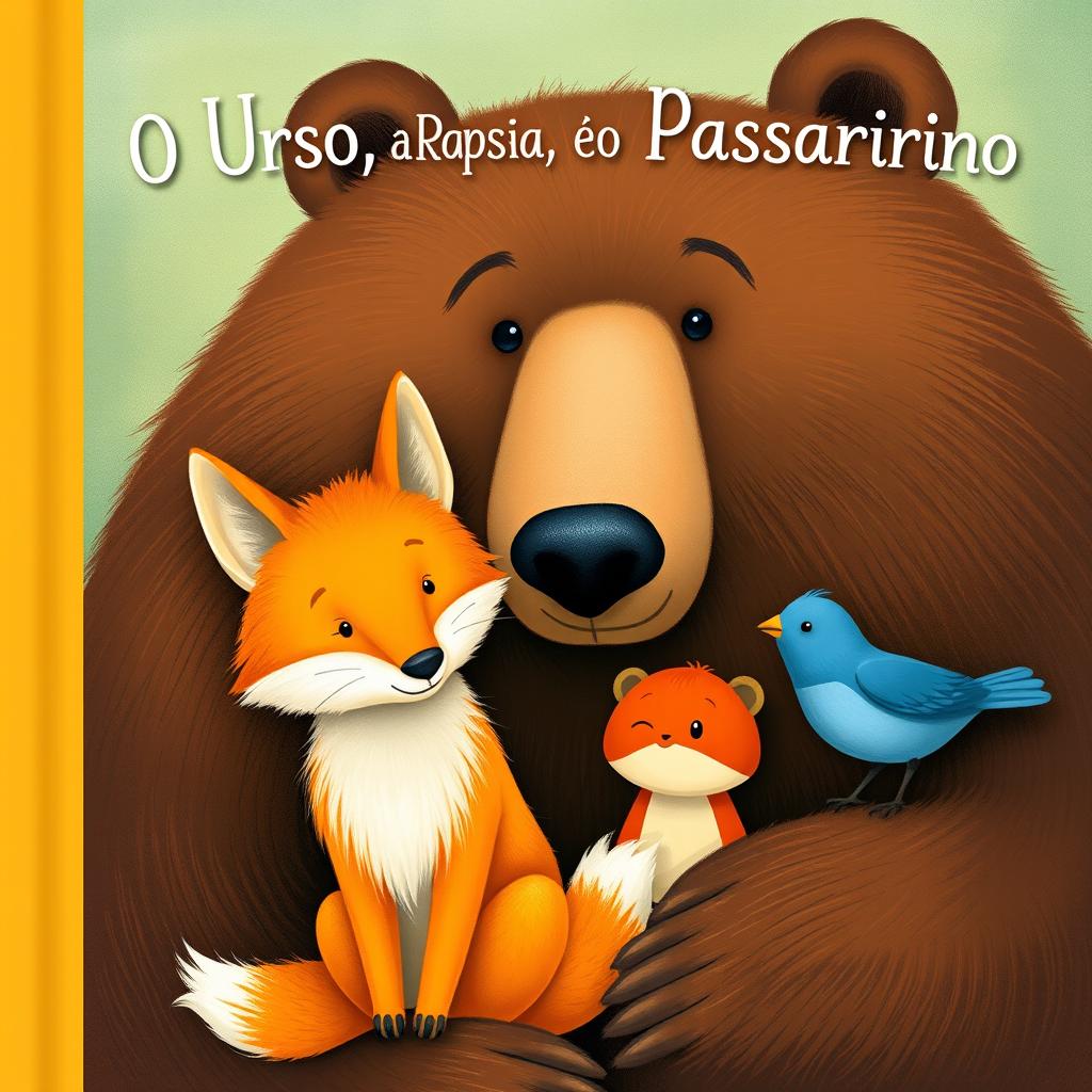 Create a book cover titled 'O Urso, a Raposa e o Passarinho' featuring a large brown bear with gentle eyes, a golden-furred fox, and a small blue bird