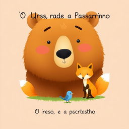 Create a book cover titled 'O Urso, a Raposa e o Passarinho' featuring a large brown bear with gentle eyes, a golden-furred fox, and a small blue bird