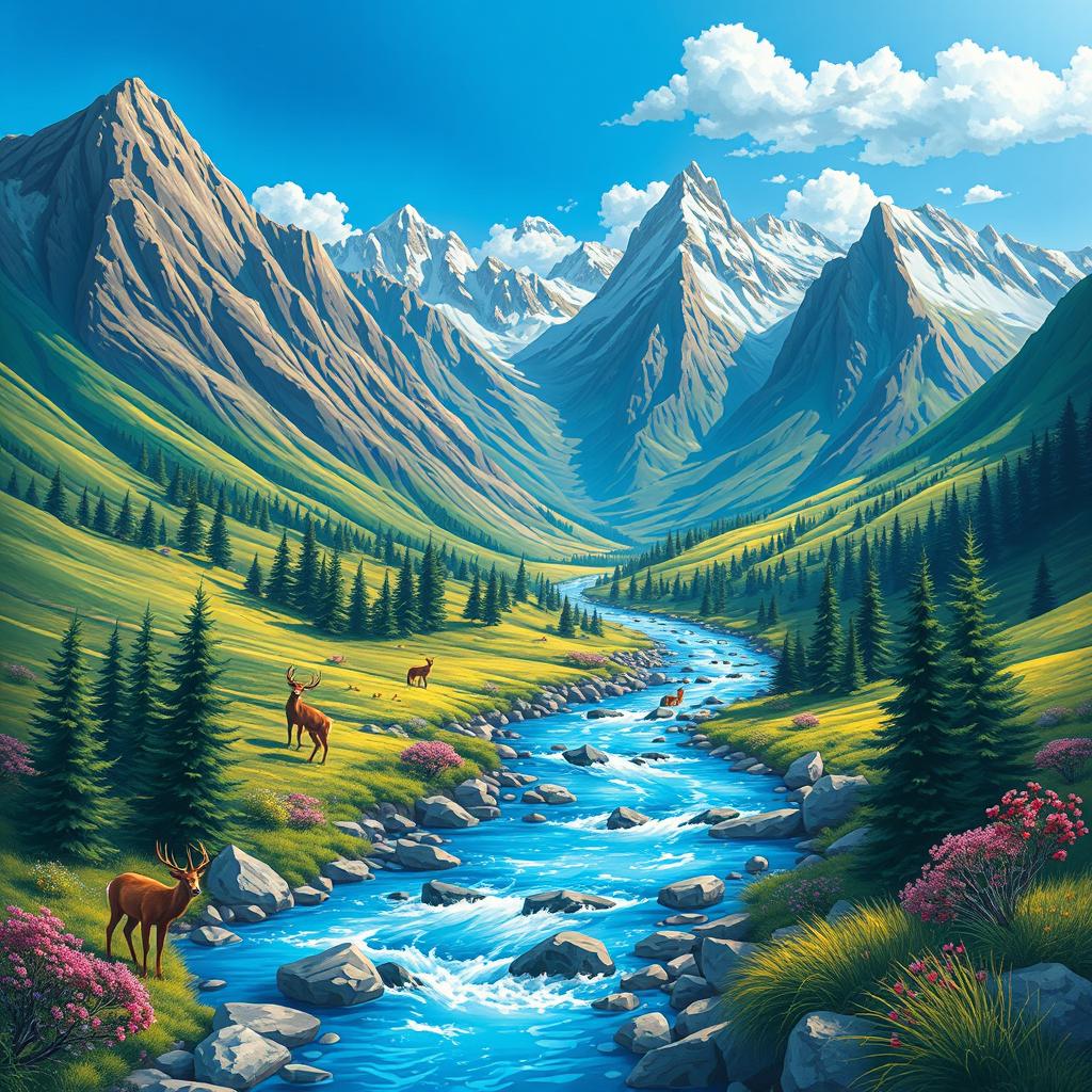 Create a vibrant and colorful image featuring a serene landscape with mountains, a flowing river, and a clear blue sky