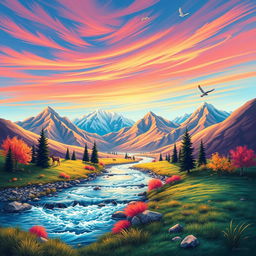 Create a vibrant and colorful image featuring a serene landscape with mountains, a flowing river, and a clear blue sky