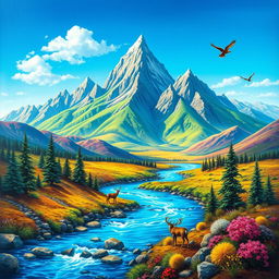 Create a vibrant and colorful image featuring a serene landscape with mountains, a flowing river, and a clear blue sky