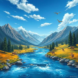 Create a vibrant and colorful image featuring a serene landscape with mountains, a flowing river, and a clear blue sky