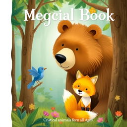 Create a book cover featuring a large brown bear with gentle eyes, a golden-furred fox, and a small blue bird