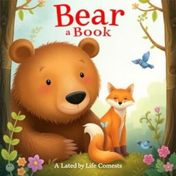 Create a book cover featuring a large brown bear with gentle eyes, a golden-furred fox, and a small blue bird