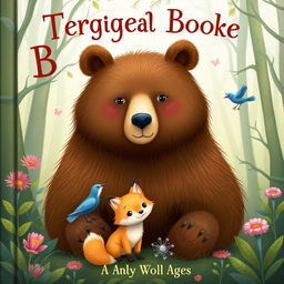 Create a book cover featuring a large brown bear with gentle eyes, a golden-furred fox, and a small blue bird