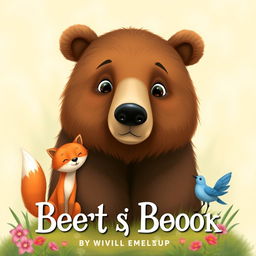 Create a book cover featuring a large brown bear with gentle eyes, a fox, and a small blue bird