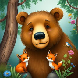 Create a book cover featuring a large brown bear with gentle eyes, a fox, and a small blue bird