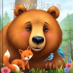 Create a book cover featuring a large brown bear with gentle eyes, a fox, and a small blue bird