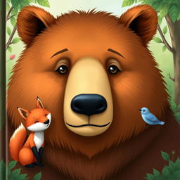 Create a book cover featuring a large brown bear with gentle eyes, a fox, and a small blue bird