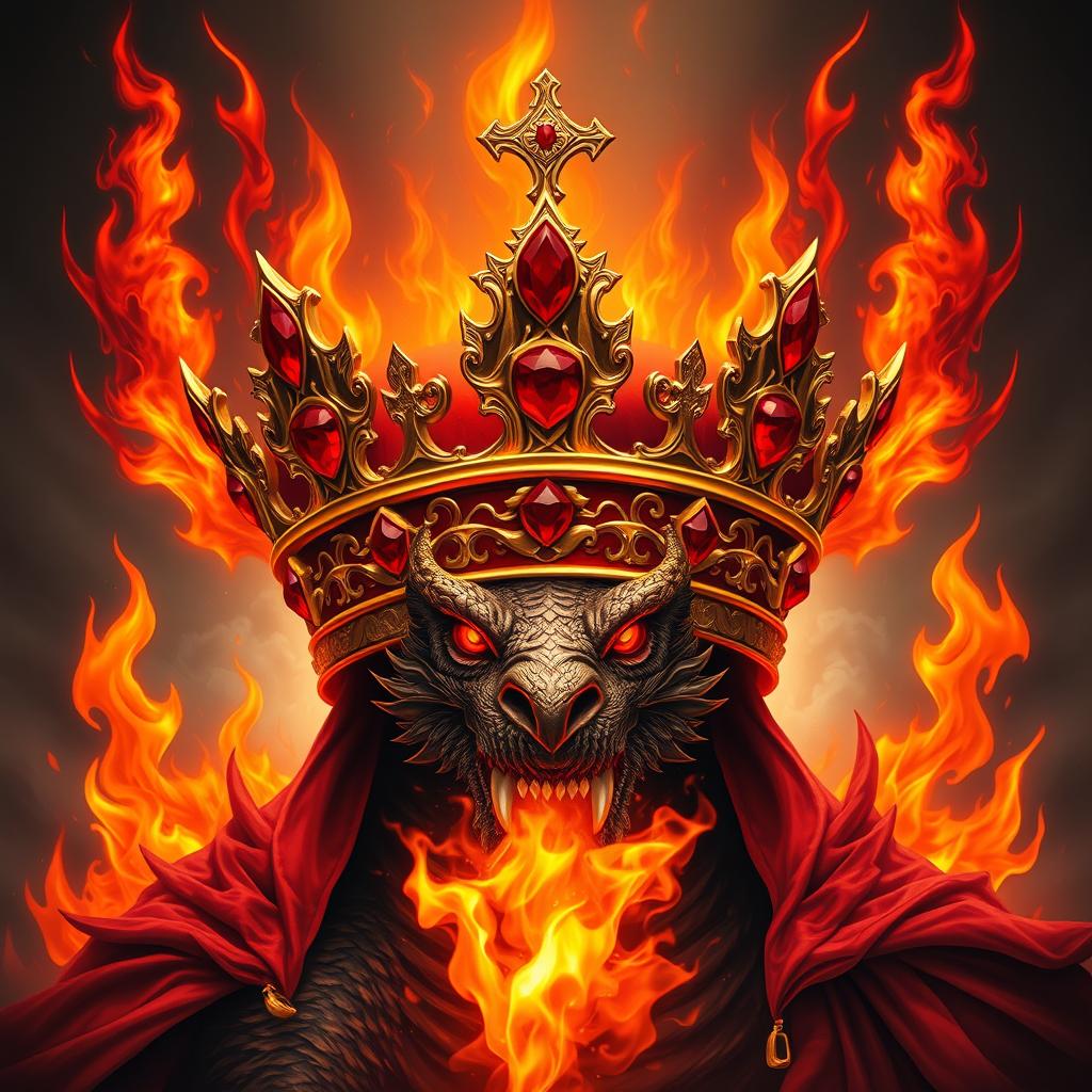 A majestic crown adorned with red rubies, surrounded by flames