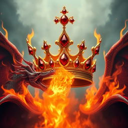 A majestic crown adorned with red rubies, surrounded by flames