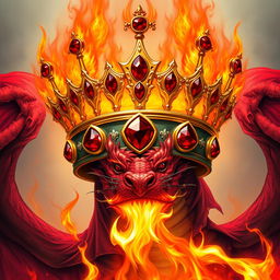 A majestic crown adorned with red rubies, surrounded by flames