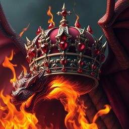 A majestic crown adorned with red rubies, surrounded by flames