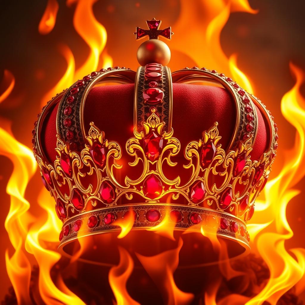 A majestic crown adorned with red rubies, surrounded by flames