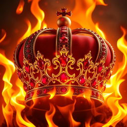 A majestic crown adorned with red rubies, surrounded by flames