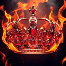 A majestic crown adorned with red rubies, surrounded by flames