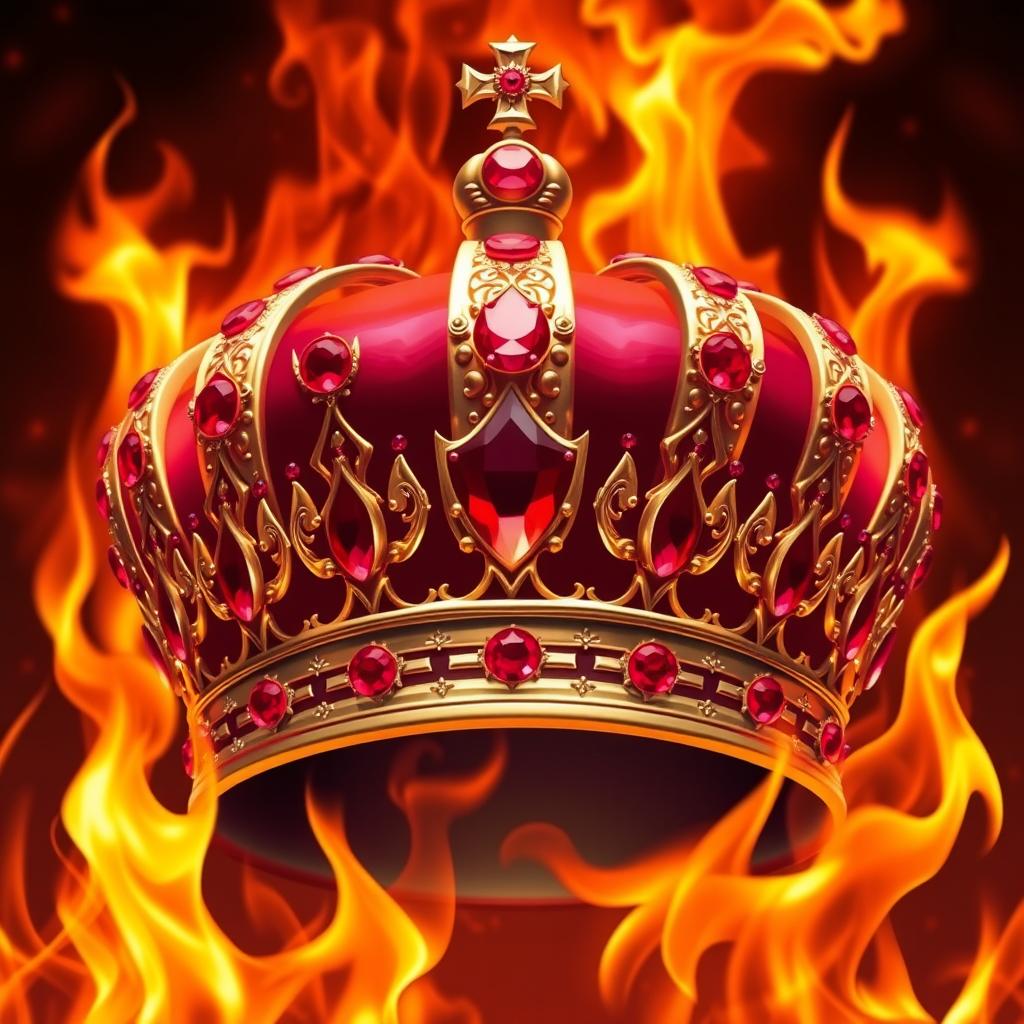 A majestic crown adorned with red rubies, surrounded by flames