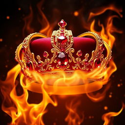 A majestic crown adorned with red rubies, surrounded by flames