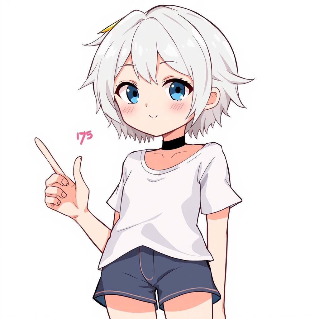 A character with short white hair, wearing short clothes