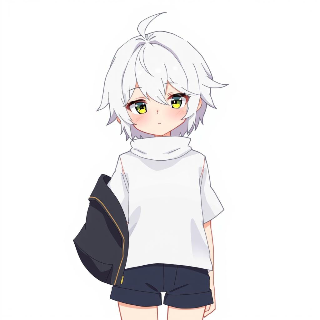 A character with short white hair, wearing short clothes