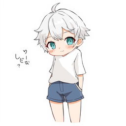 A character with short white hair, wearing short clothes