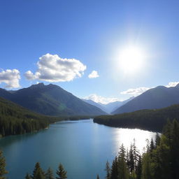 A beautiful landscape featuring a serene lake surrounded by lush green forests and majestic mountains in the background