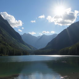 A beautiful landscape featuring a serene lake surrounded by lush green forests and majestic mountains in the background