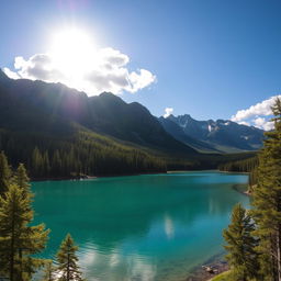 A beautiful landscape featuring a serene lake surrounded by lush green forests and majestic mountains in the background