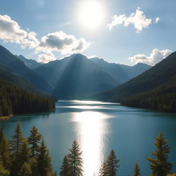 A beautiful landscape featuring a serene lake surrounded by lush green forests and majestic mountains in the background