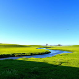 A serene landscape with a clear blue sky, lush green meadows, and a gentle river flowing through