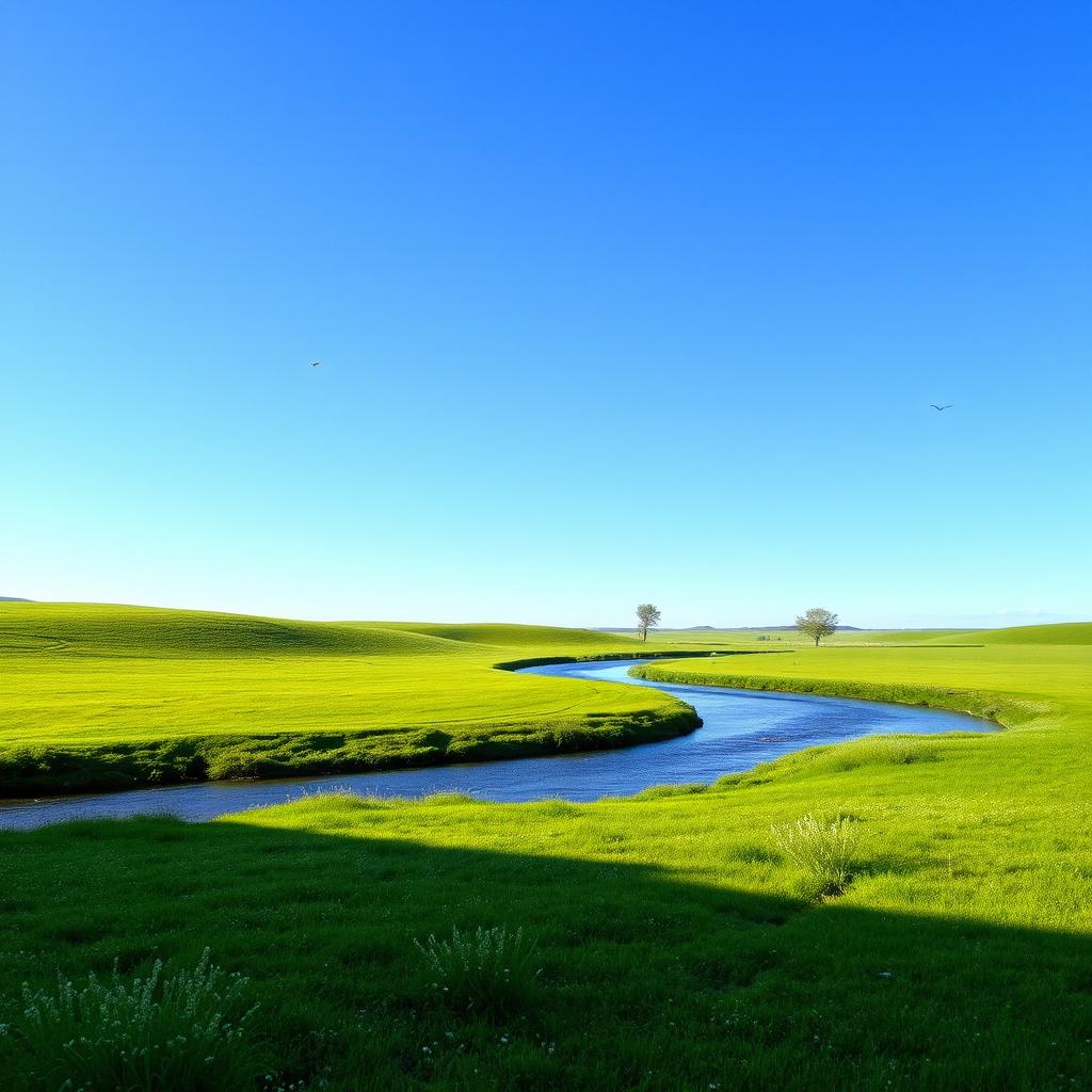 A serene landscape with a clear blue sky, lush green meadows, and a gentle river flowing through