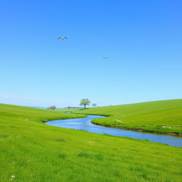 A serene landscape with a clear blue sky, lush green meadows, and a gentle river flowing through