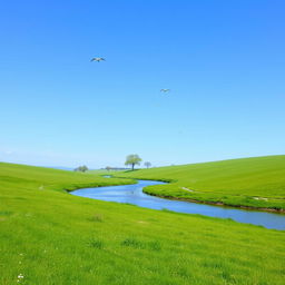 A serene landscape with a clear blue sky, lush green meadows, and a gentle river flowing through