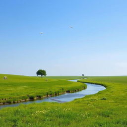 A serene landscape with a clear blue sky, lush green meadows, and a gentle river flowing through