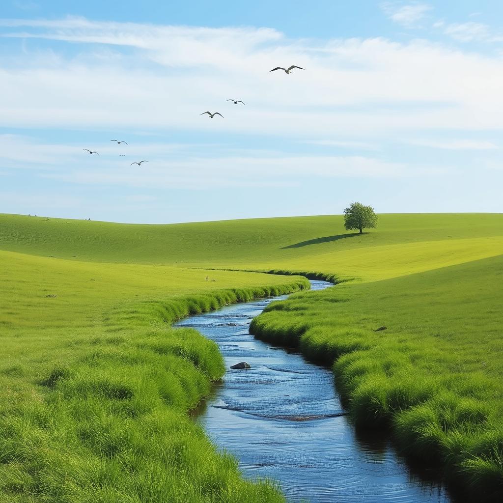 A serene landscape with a clear blue sky, lush green meadows, and a gentle river flowing through