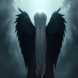 A girl seen from the back, with long white hair and large black wings