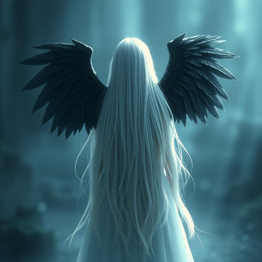 A girl seen from the back, with long white hair and large black wings