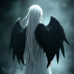 A girl seen from the back, with long white hair and large black wings