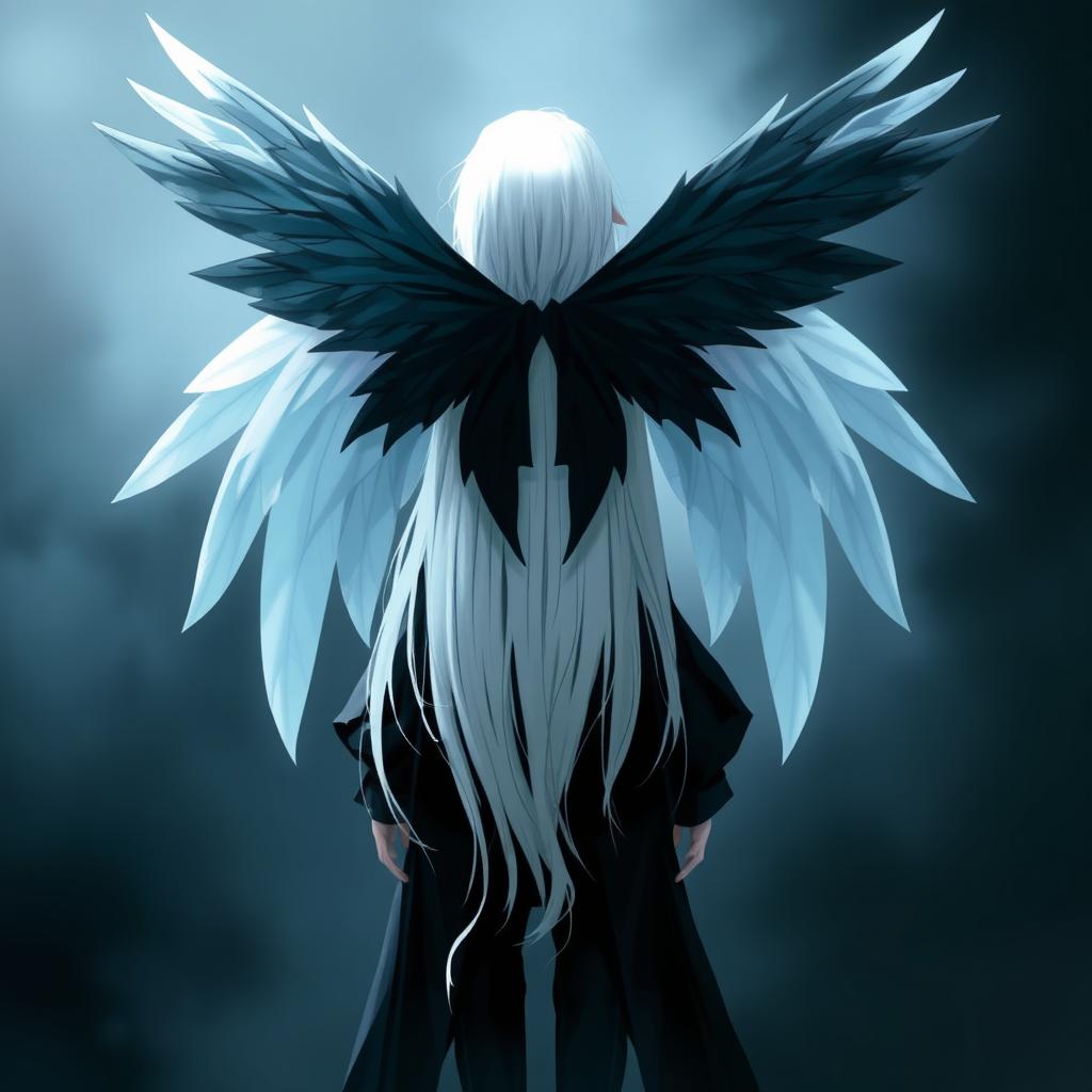 A girl seen from the back, with long white hair, large black wings, and dressed in black clothing