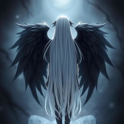 A girl seen from the back, with long white hair, large black wings, and dressed in black clothing