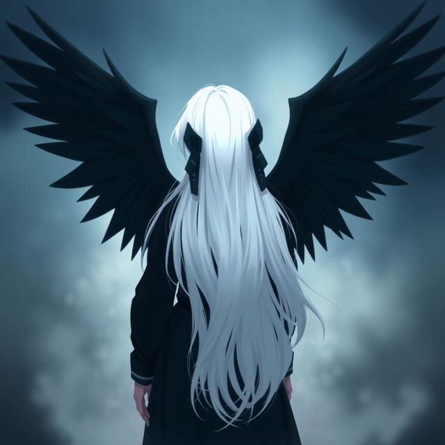 A girl seen from the back, with long white hair, large black wings, and dressed in black clothing