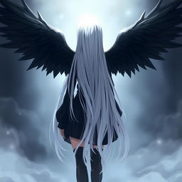 A girl seen from the back, with long white hair, large black wings, and dressed in black clothing