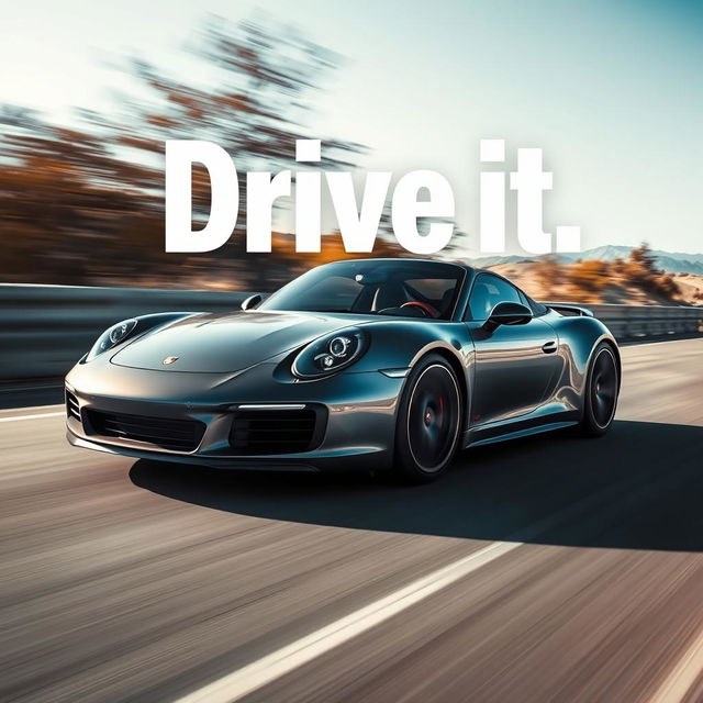 A high-quality poster featuring a sleek Porsche sports car in motion, with the text 'Drive it' prominently displayed over the top