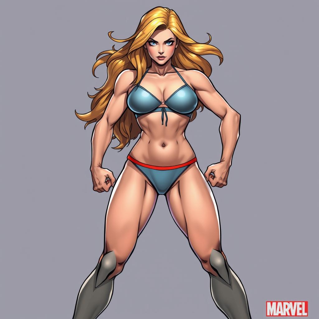 A full-body image of a female Marvel hero, depicted in an athletic and powerful stance