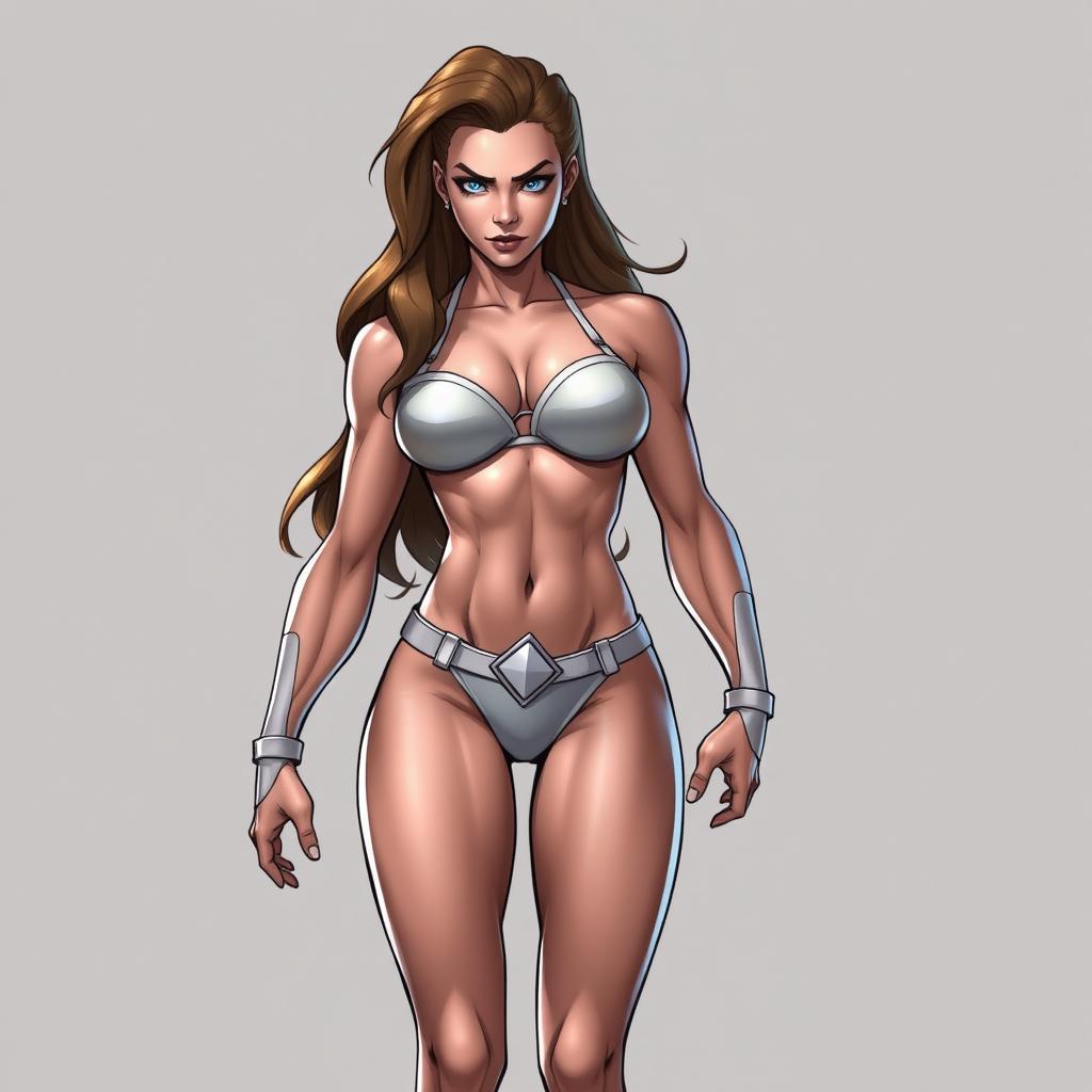 A full-body image of a female Marvel hero, depicted in an athletic and powerful stance