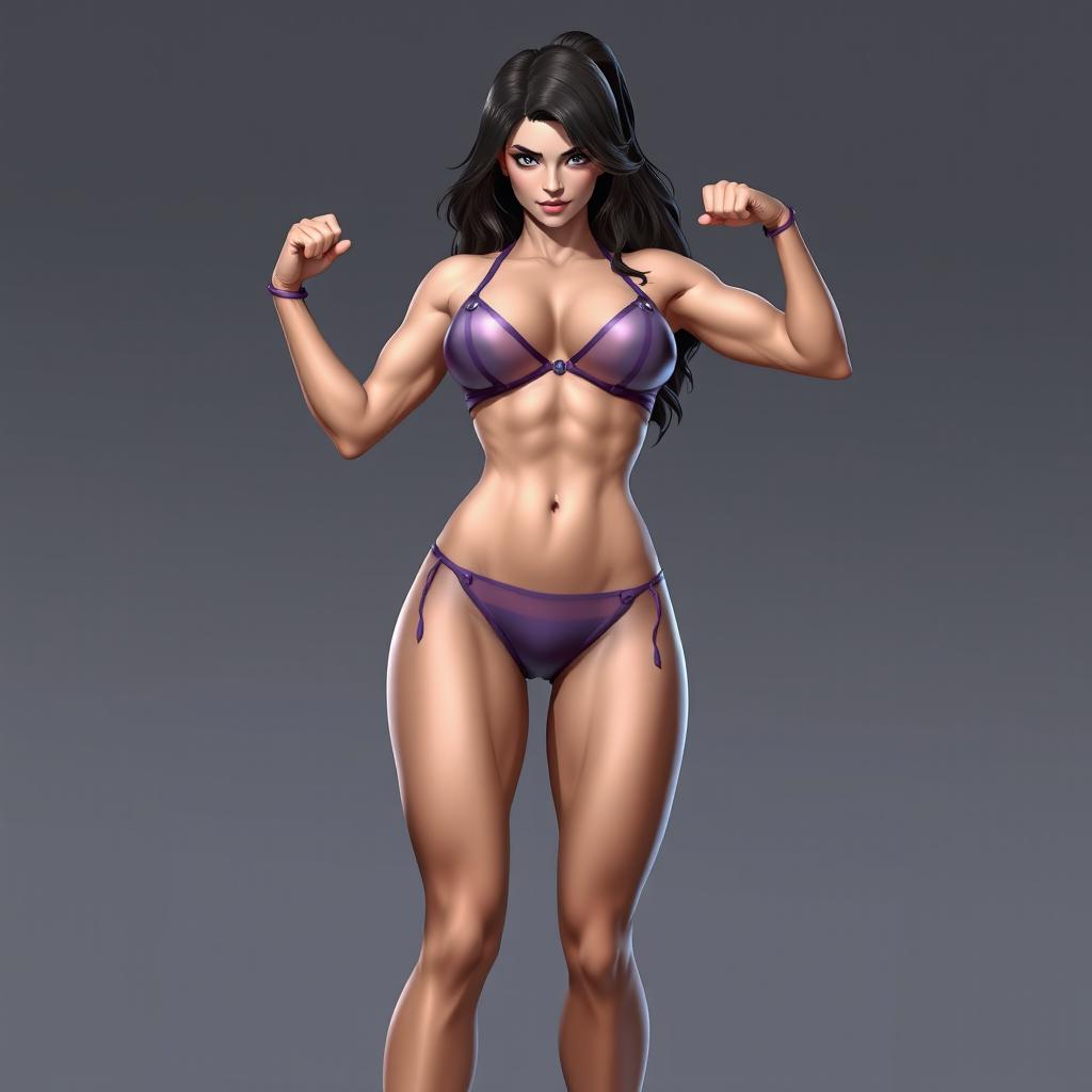 A realistic, full-body image of a female Marvel hero, depicted in an athletic and powerful stance