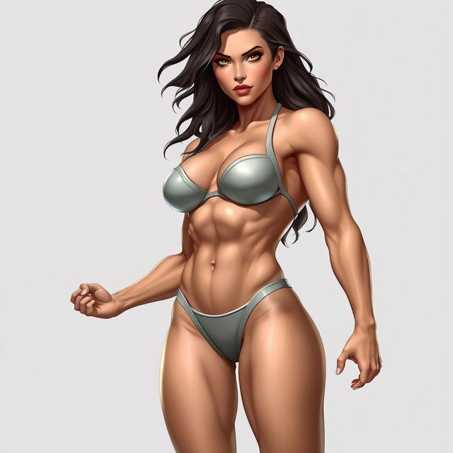 A realistic, full-body image of a female Marvel hero, depicted in an athletic and powerful stance